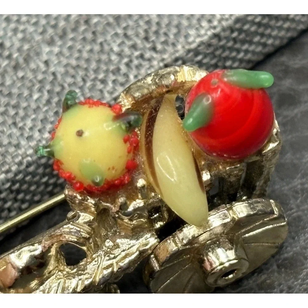 Vintage Gold Tone Horse Donkey Cart Brooch Colorful Glass Fruit Accents